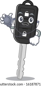 Smart and cool car key cartoon character in a Doctor with tools
