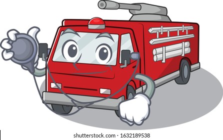 Smart and cool fire truck cartoon character in a Doctor with tools