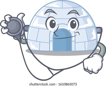 Smart and cool igloo cartoon character in a Doctor with tools