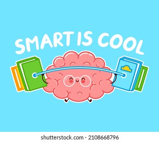 Inteligente es un lema de cita genial. Extraño divertido entrenamiento de órganos cerebrales humanos con libros de peluquería. Dibujo de línea plana vectorial kawaii icono de ilustración de personaje. Concepto del logotipo del personaje del tren de órganos cerebrales