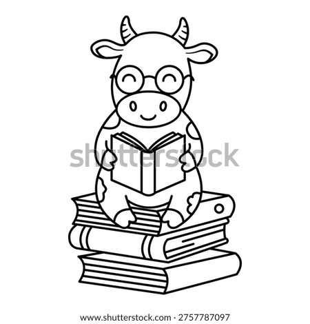 Smart Cow Reading Books in line style. Learning icon in line style. Reading icon in line style. Cute cow sticker in line style.