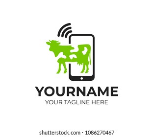 Smart cows farm, smartphone with Wi-Fi and cow, logo template. Animal and pet, wireless technology in agriculture, vector design. Innovation technologies in livestock farming, illustration