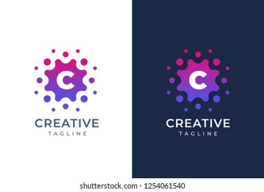 Smart and creative, dots or points letter C logo design template. Geometric dot circle science medicine sign. Universal energy tech planet star atom vector icon.