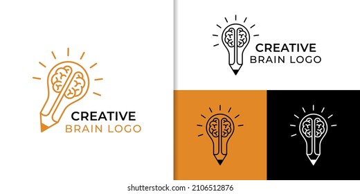 Smart Creative idea lápiz logo elemento con símbolo de icono cerebral para inspiración, estudio estudiantil, educación, logo de la agencia de diseño creativo