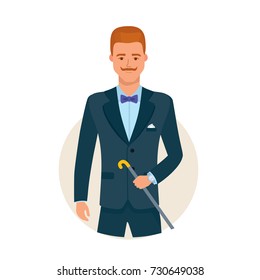 Smart creative man cartoon character person in different situations. Handsome man, in a business suit, stands with cane in his hands, well-groomed, neat man. Vector illustration isolated.