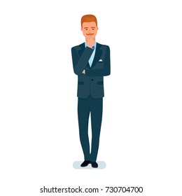 Smart creative man cartoon character. Man in a beautiful business suit, businessman, is thinking, reasoning. Creative thinking, ideological inspiration, creativity, brainstorming. Vector illustration.