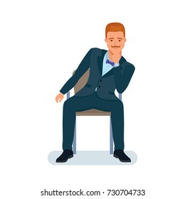Smart creative man cartoon character. Man in beautiful business suit, businessman, sits on chair, holds chin with hand, looks listens information. Resting, spending free time. Vector illustration.
