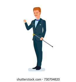 Smart creative man cartoon character. Handsome man, in a business suit, stands with cane in his hands and looks at his pocket watch. Control and management of time. Vector illustration isolated.