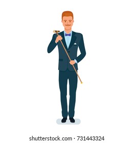 Smart creative man cartoon character. Man in business strict suit, holding cane with binoculars in hand, for watch spectacle, movies. Visit cultural events, creative development. Vector illustration.