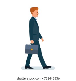 Smart creative man cartoon character. Man, businessman, in business suit, with briefcase in hand, no rush, goes home from work. Side view. Vector