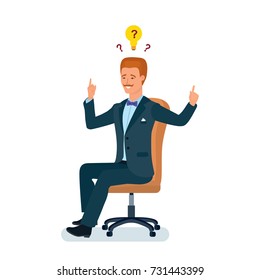 Smart creative man cartoon character. Man in business suit, sitting in chair reasoning about solutions, ideas. Creative thinking, ideological inspiration, creativity, brainstorm. Vector illustration.