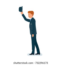 Smart creative man cartoon character. Man in beautiful business suit, businessman in good mood, showing gesture of greeting taking off hat from head. Vector illustration.