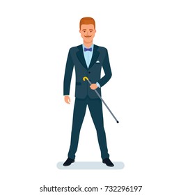 Smart creative man cartoon character. Handsome man, in a business suit, stands with cane in his hands, well-groomed, neat man. Vector illustration isolated.