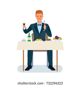 Smart creative man cartoon character. Man in beautiful business suit, businessman, sits at table, eats tasty expensive food, drink quality expensive drinks. Lunch, dinner, eating. Vector illustration.