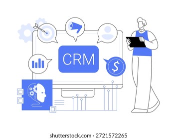 Ilustração de vetor de conceito abstrato de plataformas Smart CRM. Ferramentas de CRM baseadas em IA aprimoram o gerenciamento de relacionamento com o cliente e dinamizam as vendas.