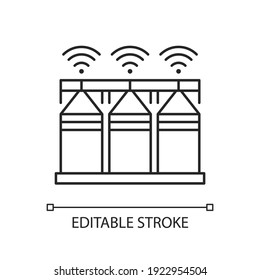 Lineares Symbol für die Speicherung von Smart Cards. Präzisionsfarm. Technologische Innovation. IoT-gestützte Überwachung. Dünne, anpassbare Illustration. Contour-Symbol. Vektor-einzelne Rahmenzeichnung. Bearbeitbarer Hub