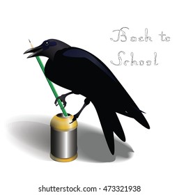 smart crow writes with a pencil, back to school