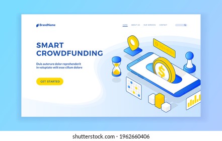 Smart crowdfunding. Ilustración vectorial isométrica de smartphone moderno con moneda que representa la aplicación de crowdfunding inteligente para dispositivos en banner. Banner web, plantilla de página de inicio