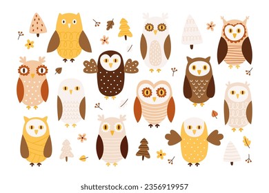 Smart curious owl and owlet forest bird cute birdie character with different plumage drawing set isolated on white background. Feathered predator mascot vector illustration in Scandinavian style