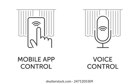 Smart curtains icons set for labeling - Mobile control and Voice control. Pictograms in thin hair line