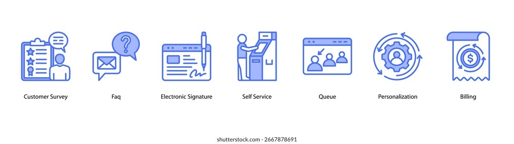 Webbanner-Vektorgrafik für intelligente Kundenlösungen mit Kundenbefragung, FAQ, elektronischer Signatur, Self-Service, Warteschlange, Personalisierung und Abrechnung.