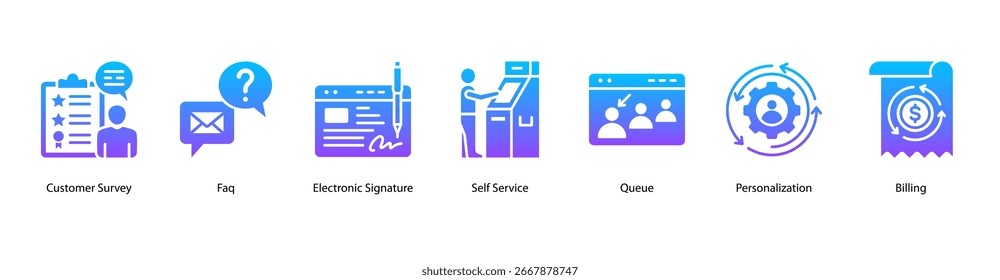 Smart Customer Solutions web banner icon vector illustration featuring Customer Survey, Faq, Electronic Signature, Self Service, Queue, Personalization, and Billing.