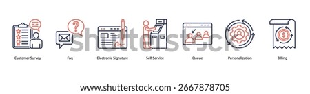 Smart Customer Solutions web banner icon vector illustration featuring Customer Survey, Faq, Electronic Signature, Self Service, Queue, Personalization, and Billing.