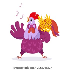 Un bonito gallo canta. Ilustración de color del vector. Imagen para el diseño de afiches, juegos, puzzles. 