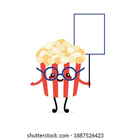 Smart and cute vector popcorn cup character holding empty, blank banner, card on stick.