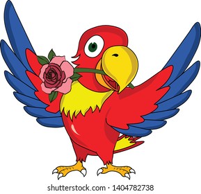 smart cute wonderful colorful parrot with a rose flower stick wings open