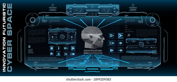 Smart Cyber ​​Space, holographic innovative cyber panel projecting a human head hologram with HUD elements. HUD digital user interface. Brain hologram cyber concept