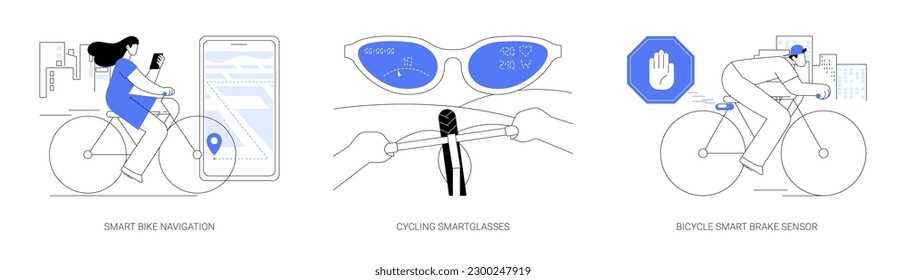 Conjunto de ilustraciones vectoriales de concepto abstracto de ciclismo inteligente. Navegación inteligente en bicicleta, uso de gafas inteligentes para ciclismo, ciclismo en bicicleta con sensor de freno, metáfora abstracta moderna de tecnología de seguridad.