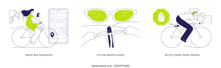Smart cycling abstract concept vector illustration set. Smart bike navigation, wearing cycling smartglasses, athlete riding bicycle with brake sensor, modern safety technology abstract metaphor.