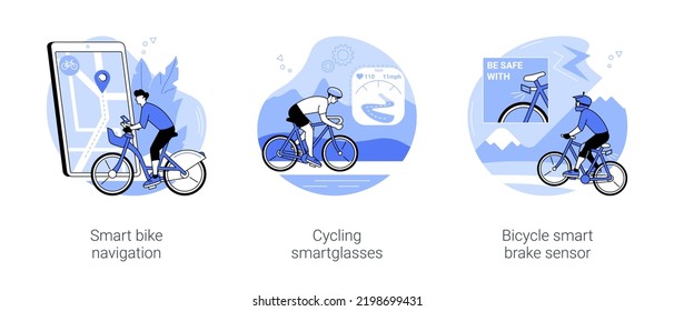 Smart cycling isolated cartoon vector illustrations set. Smart bike navigation, wearing cycling smartglasses, athlete riding bicycle with brake sensor, modern safety technology vector cartoon.