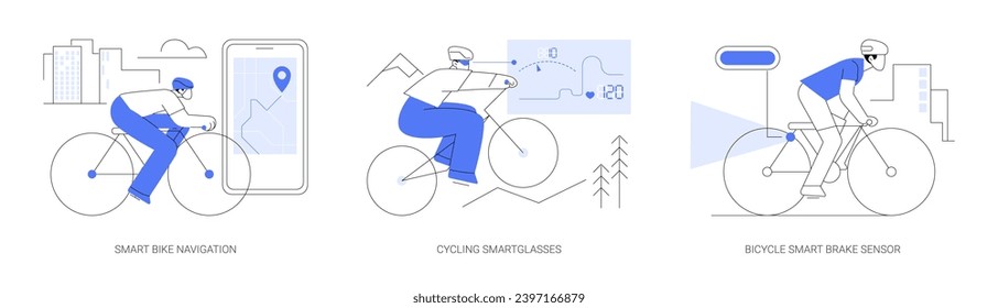 Smart cycling isolated cartoon vector illustrations set. Smart bike navigation, wearing cycling smartglasses, athlete riding bicycle with brake sensor, modern safety technology vector cartoon.