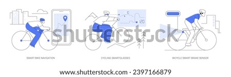 Smart cycling isolated cartoon vector illustrations set. Smart bike navigation, wearing cycling smartglasses, athlete riding bicycle with brake sensor, modern safety technology vector cartoon.