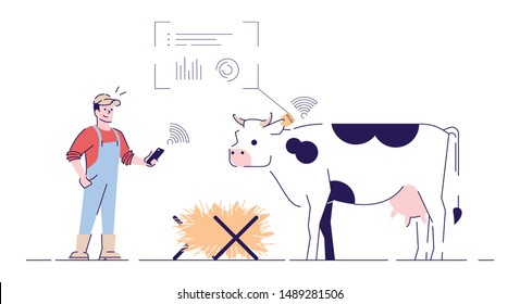 Smart dairy farm flat vector illustration. Cattle tracking system cartoon concept with outline. Cow feeding sensor, GPS tracker. Iot in livestock farming, animal husbandry. Farmer isolated character