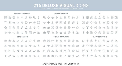 Smart data, digital technology and innovation development process, IoT line icon set. Net zero and carbon neutral, cloud computing and server hardware thin black outline symbols vector illustration