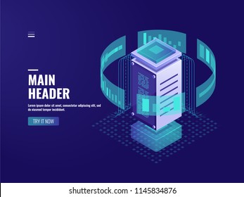 Smart data processing, calculation information analyzing and statistic, server room, datacenter and database icon isometric vector dark neon