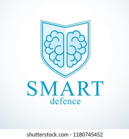 Smart Defense, concept of intelligent software antivirus or firewall. Human anatomical brain composed with guard ammunition shield. Vector logo or icon template.