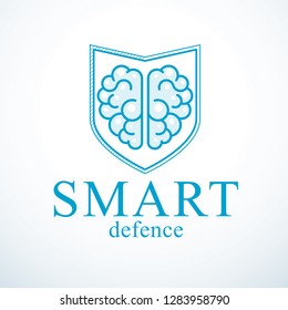 Smart Defense, concept of intelligent software antivirus or firewall. Human anatomical brain composed with guard ammunition shield. Vector logo or icon template.