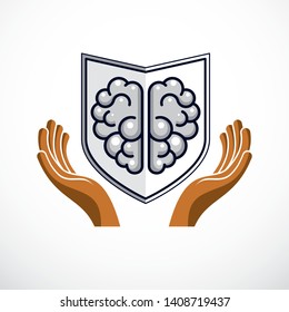 Smart Defense, concept of intelligent software antivirus or firewall. Human anatomical brain composed with guard ammunition shield. Vector logo or icon template.