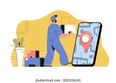 Smart delivery concept. Courier holds parcel, express delivering to client situation. Services in mobile app people scene. Vector illustration with flat character design for website and mobile site