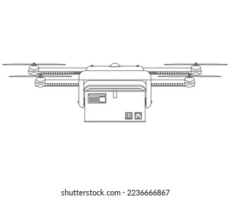 Smart delivery copter Coloting book. Quadcopter flying with package box in the sky. Modern autonomous drone for drone order delivery. Vector illustration isolated on white background.