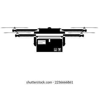 Smart delivery copter in outline style. Quadcopter flying with package box in the sky. Modern autonomous drone for drone order delivery. Vector illustration isolated on white background.