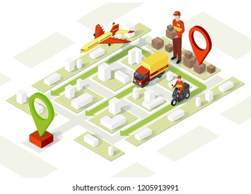 Smart delivery isometric illustration. Online order tracker. Courier, truck, aircraft shipping methods. Express delivery infographic. E-navigation. Webpage, app design. Isolated vector