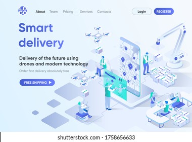 Smart delivery isometric landing page. Delivery by quadcopter, local shipping service, online tracking. Express delivery template for CMS and website builder. Isometry scene with people characters.