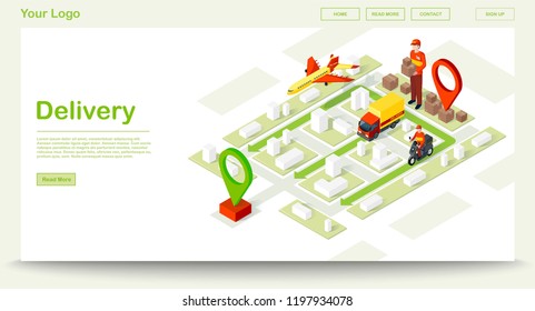 Smart delivery isometric website template. Online order tracker. Courier, truck, aircraft shipping methods. Express delivery infographic. E-navigation. Webpage, app design. Isolated vector