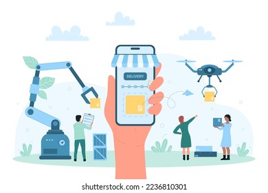 Smart delivery service vector illustration. Cartoon hand with phone tracking package transfer, tiny people with checklist and machines work in warehouse, drone and robot arms unloading boxes