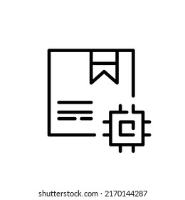 Sistema de entrega inteligente. Parcela con chip. Icono de línea de trazo de píxeles perfecto, modificable